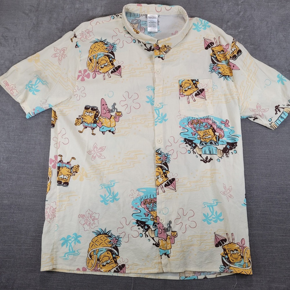 Nickelodeon SpongeBob SquarePants Mens XXL Cream Hawaiian‎ Aloha Shirt Patrick